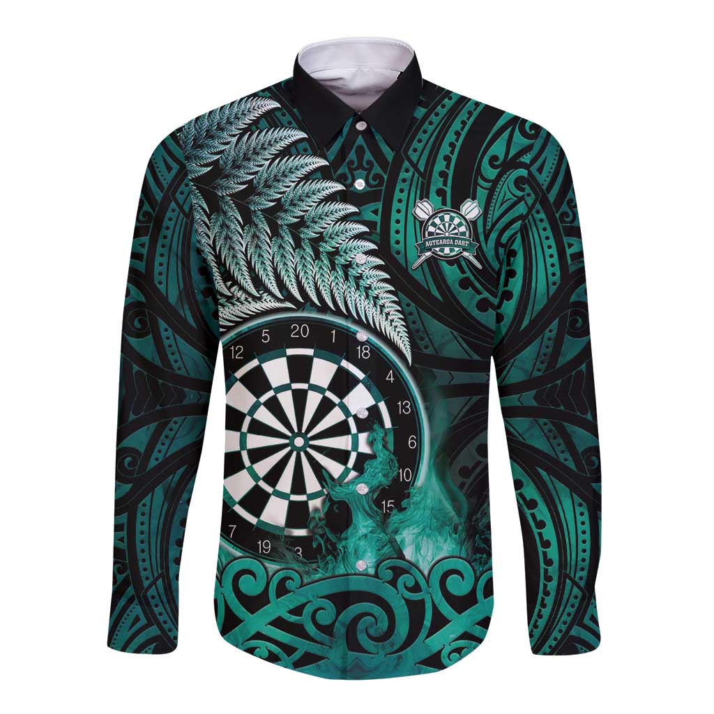 Personalised New Zealand Darts Long Sleeve Button Shirt Maori Koru Dartboard Turquoise Flame