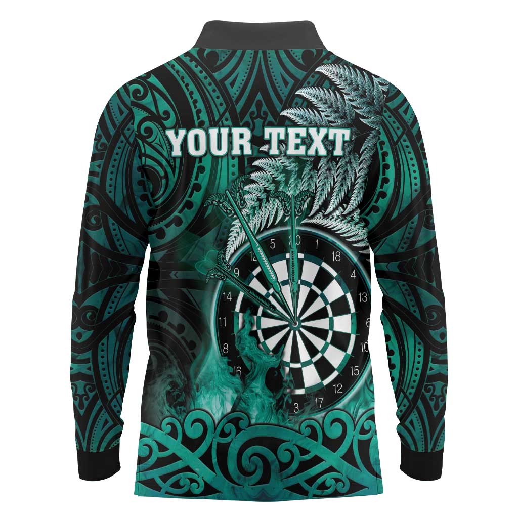 Personalised New Zealand Darts Long Sleeve Polo Shirt Maori Koru Dartboard Turquoise Flame