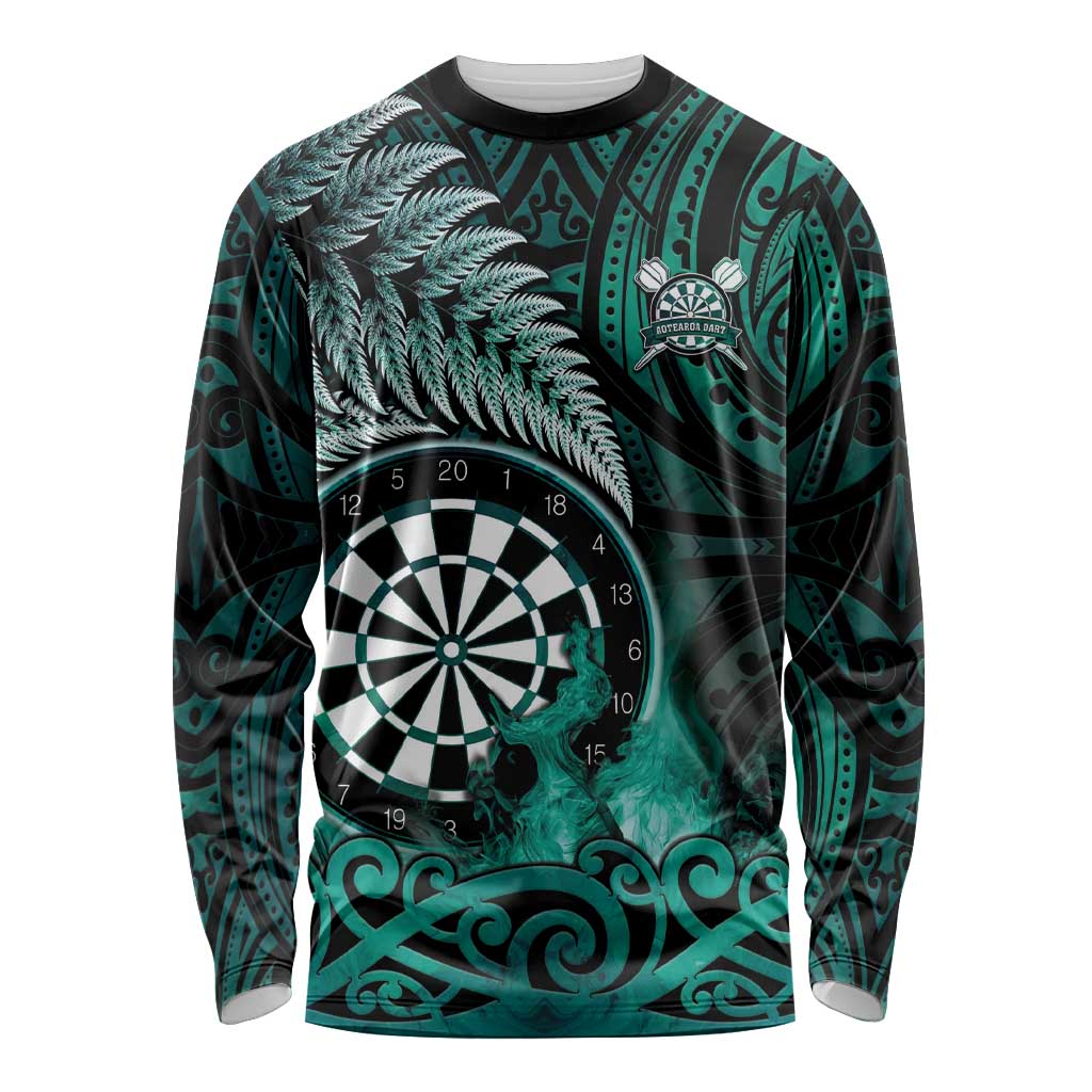 Personalised New Zealand Darts Long Sleeve Shirt Maori Koru Dartboard Turquoise Flame