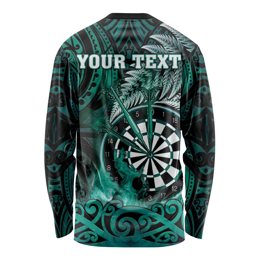 Personalised New Zealand Darts Long Sleeve Shirt Maori Koru Dartboard Turquoise Flame