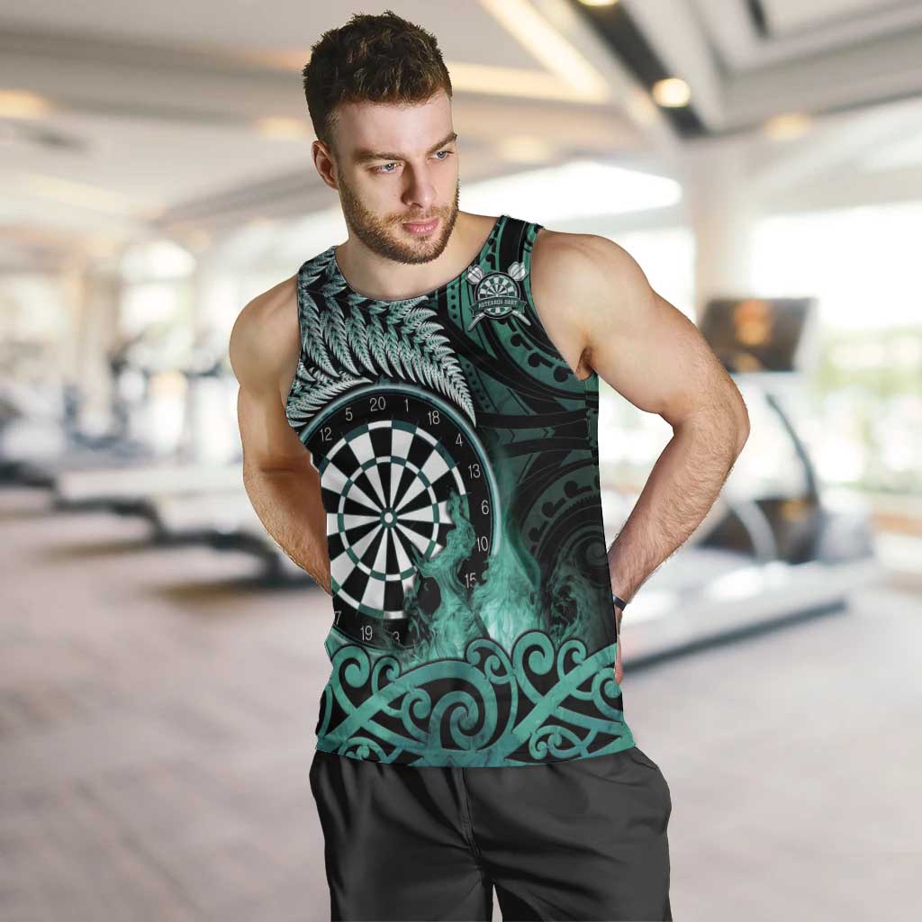Personalised New Zealand Darts Men Tank Top Maori Koru Dartboard Turquoise Flame