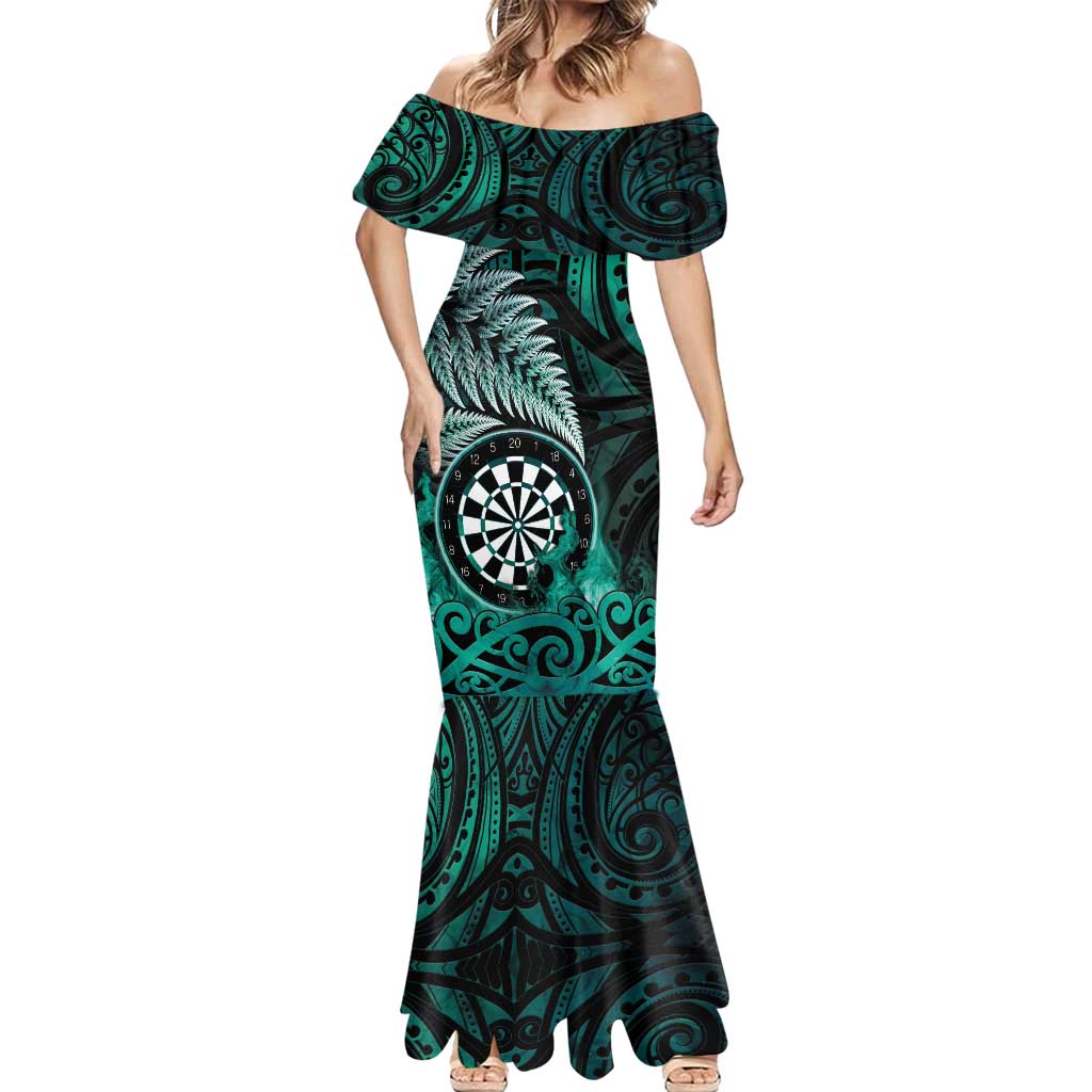 Personalised New Zealand Darts Mermaid Dress Maori Koru Dartboard Turquoise Flame