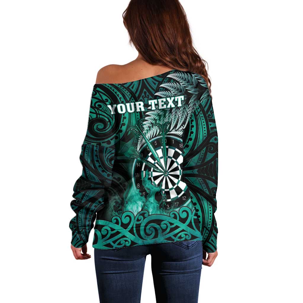 Personalised New Zealand Darts Off Shoulder Sweater Maori Koru Dartboard Turquoise Flame