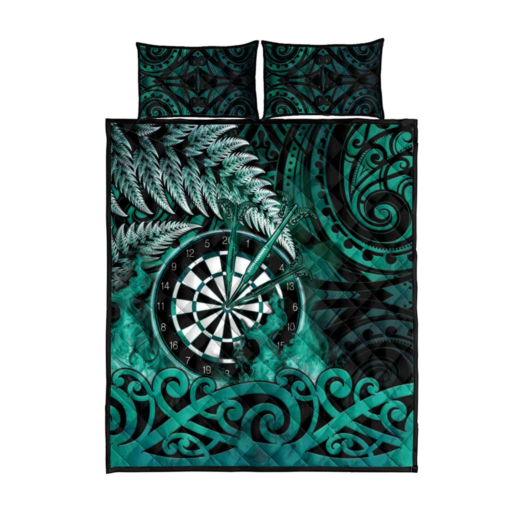 New Zealand Darts Quilt Bed Set Maori Koru Dartboard Turquoise Flame
