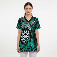 Personalised New Zealand Darts Scrub Top Maori Koru Dartboard Turquoise Flame - Polynesian Pride