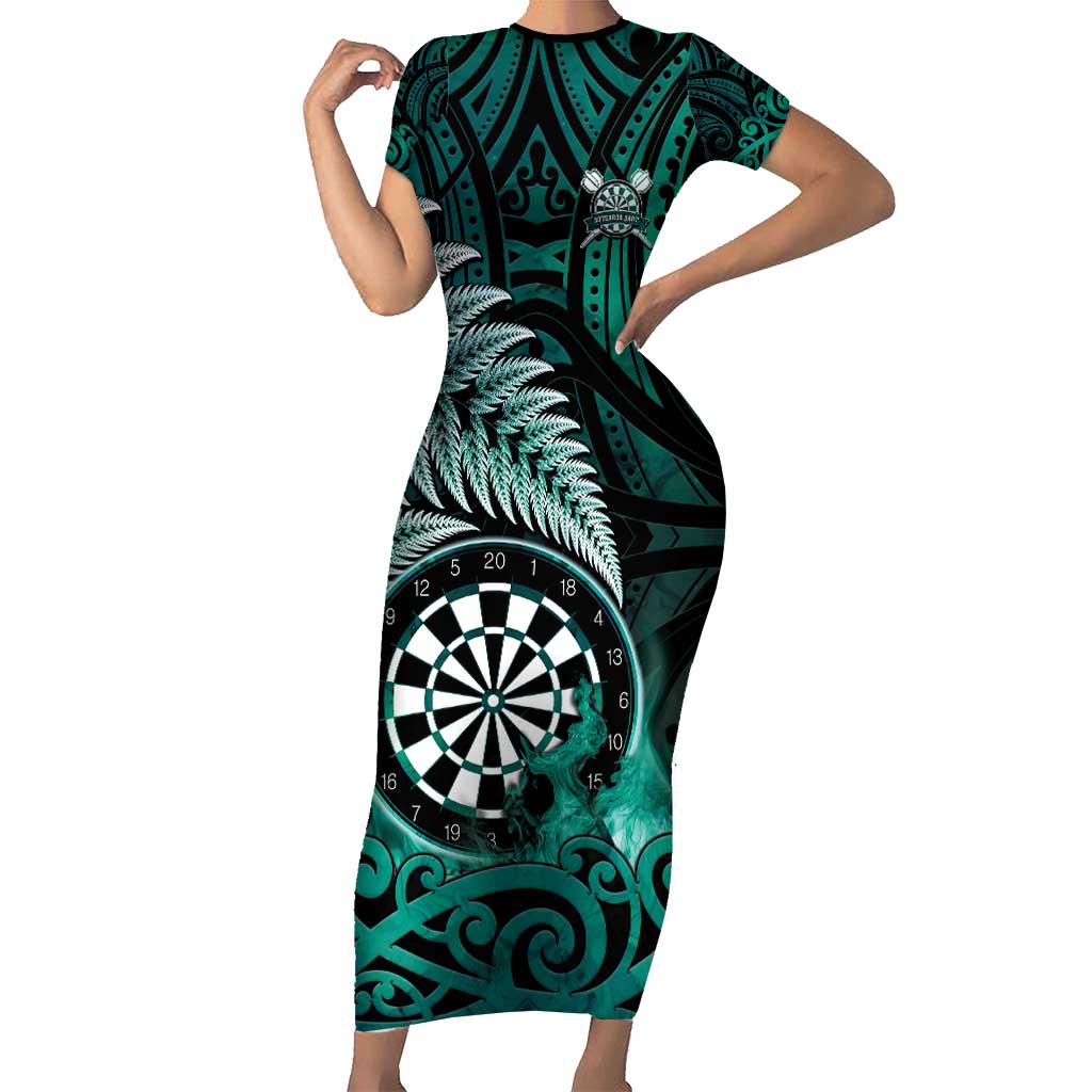Personalised New Zealand Darts Short Sleeve Bodycon Dress Maori Koru Dartboard Turquoise Flame