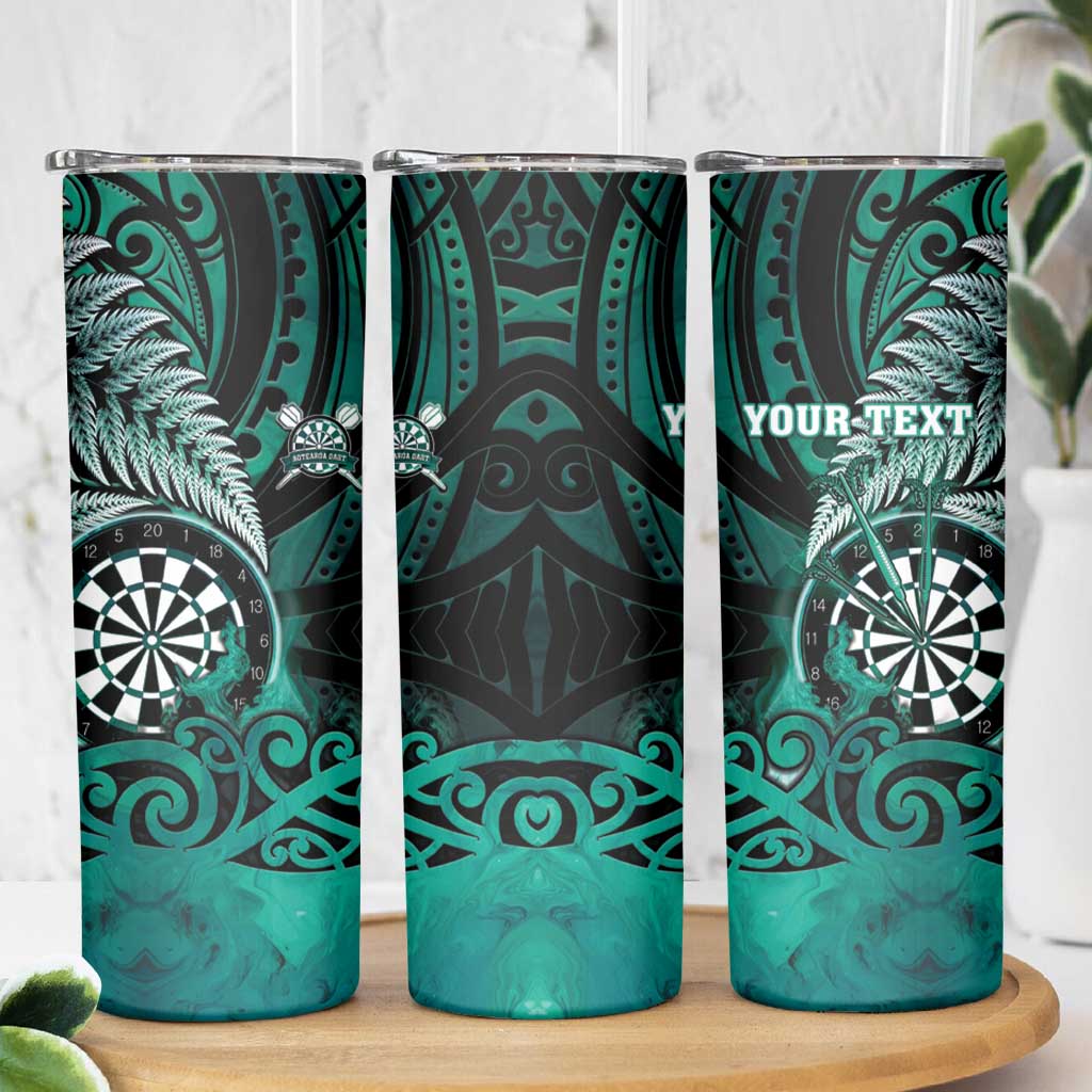 Personalised New Zealand Darts Skinny Tumbler Maori Koru Dartboard Turquoise Flame