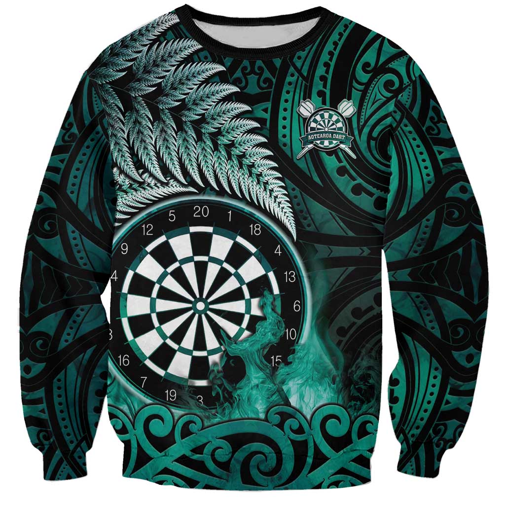 Personalised New Zealand Darts Sweatshirt Maori Koru Dartboard Turquoise Flame