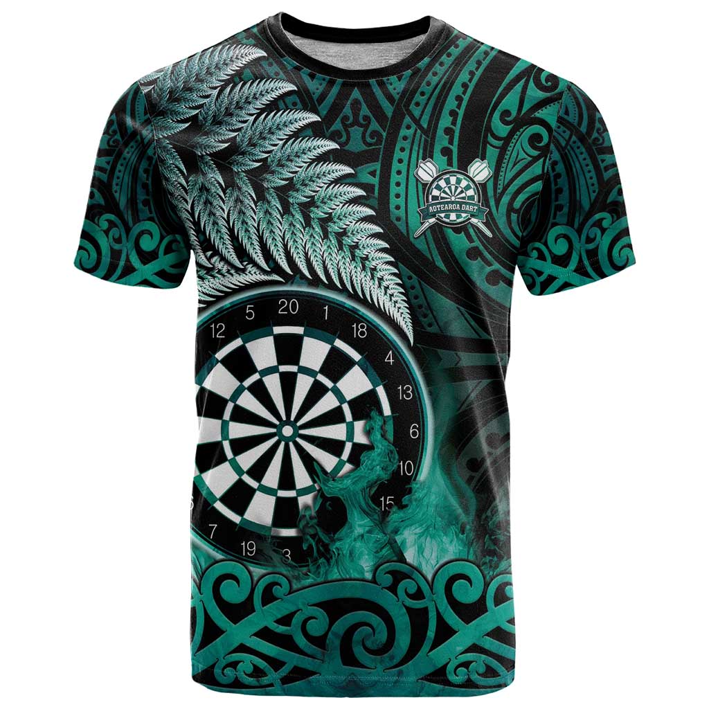 Personalised New Zealand Darts T Shirt Maori Koru Dartboard Turquoise Flame LT05 Turquoise - Polynesian Pride