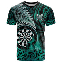 Personalised New Zealand Darts T Shirt Maori Koru Dartboard Turquoise Flame LT05 Turquoise - Polynesian Pride