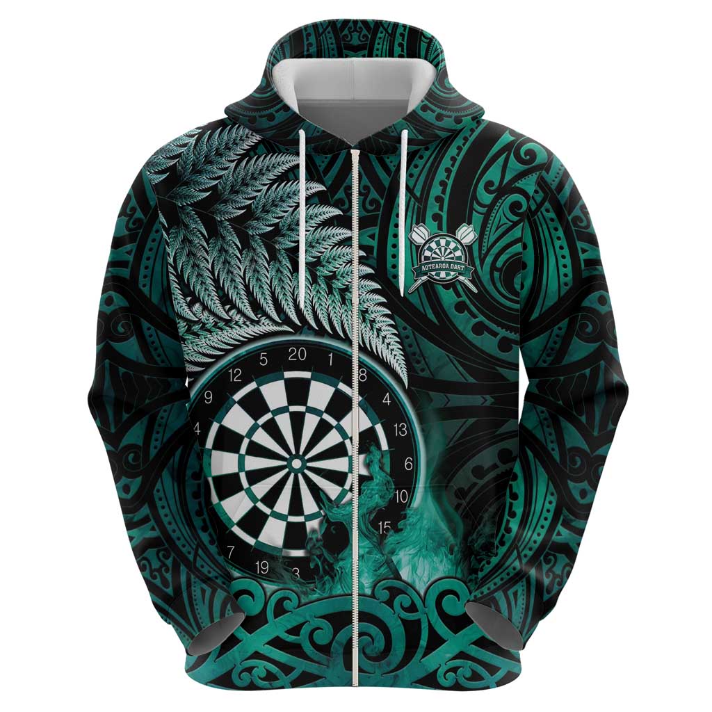 Personalised New Zealand Darts Zip Hoodie Maori Koru Dartboard Turquoise Flame