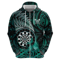 Personalised New Zealand Darts Zip Hoodie Maori Koru Dartboard Turquoise Flame