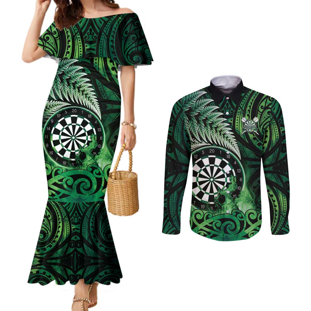 Personalised New Zealand Darts Couples Matching Mermaid Dress and Long Sleeve Button Shirt Maori Koru Dartboard Green Flame