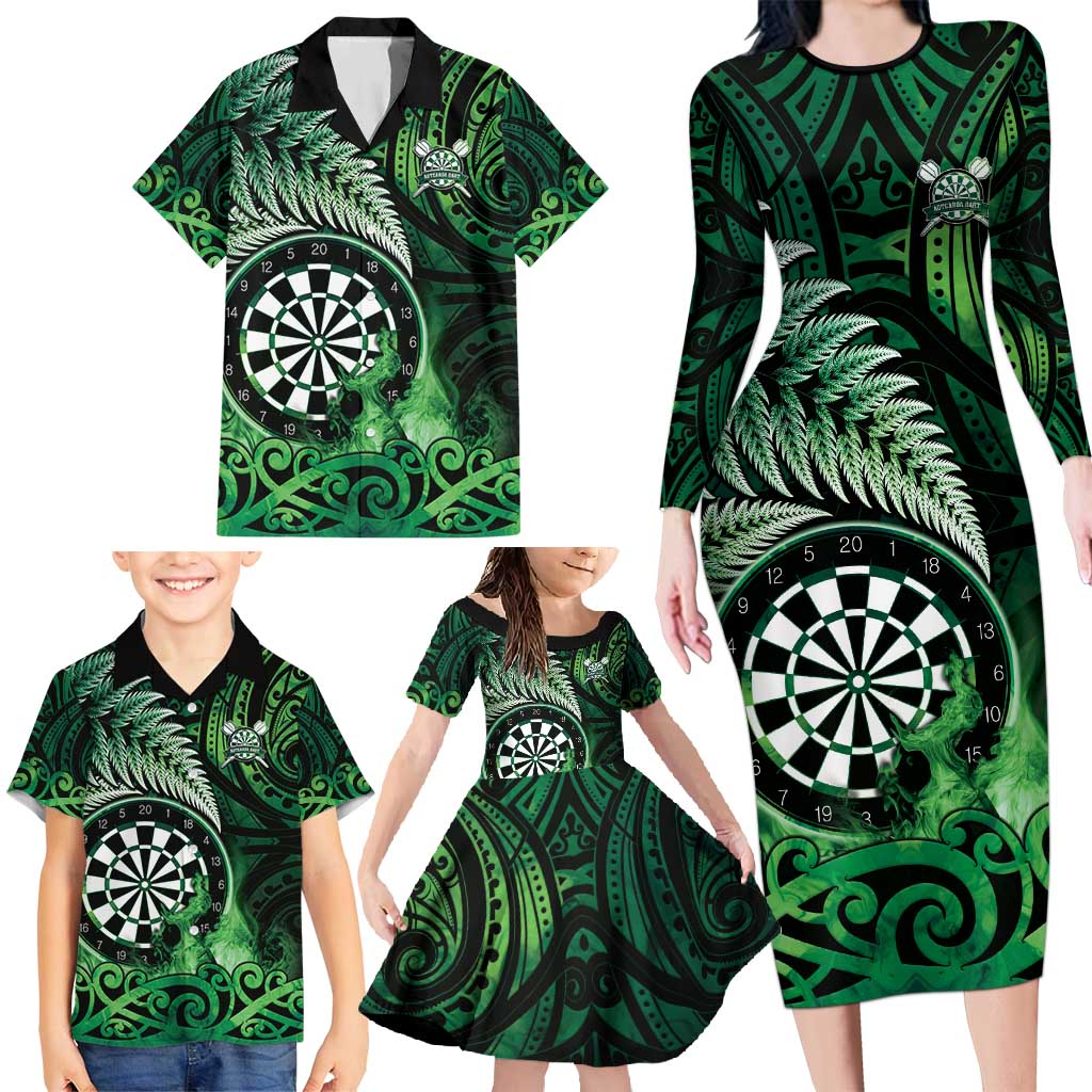 Personalised New Zealand Darts Family Matching Long Sleeve Bodycon Dress and Hawaiian Shirt Maori Koru Dartboard Green Flame