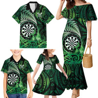 Personalised New Zealand Darts Family Matching Mermaid Dress and Hawaiian Shirt Maori Koru Dartboard Green Flame