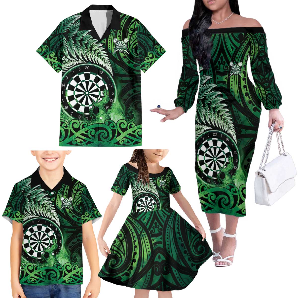 Personalised New Zealand Darts Family Matching Off The Shoulder Long Sleeve Dress and Hawaiian Shirt Maori Koru Dartboard Green Flame