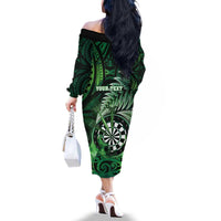 Personalised New Zealand Darts Family Matching Off The Shoulder Long Sleeve Dress and Hawaiian Shirt Maori Koru Dartboard Green Flame