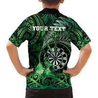 Personalised New Zealand Darts Family Matching Off Shoulder Maxi Dress and Hawaiian Shirt Maori Koru Dartboard Green Flame LT05 - Polynesian Pride