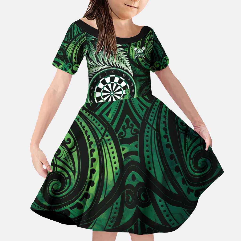 Personalised New Zealand Darts Family Matching Off Shoulder Maxi Dress and Hawaiian Shirt Maori Koru Dartboard Green Flame LT05 Daughter's Dress Green - Polynesian Pride