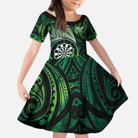 Personalised New Zealand Darts Family Matching Off Shoulder Maxi Dress and Hawaiian Shirt Maori Koru Dartboard Green Flame LT05 Daughter's Dress Green - Polynesian Pride