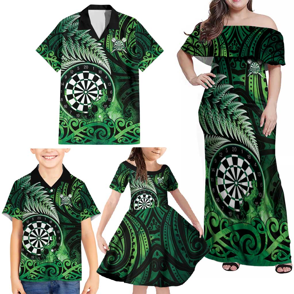Personalised New Zealand Darts Family Matching Off Shoulder Maxi Dress and Hawaiian Shirt Maori Koru Dartboard Green Flame