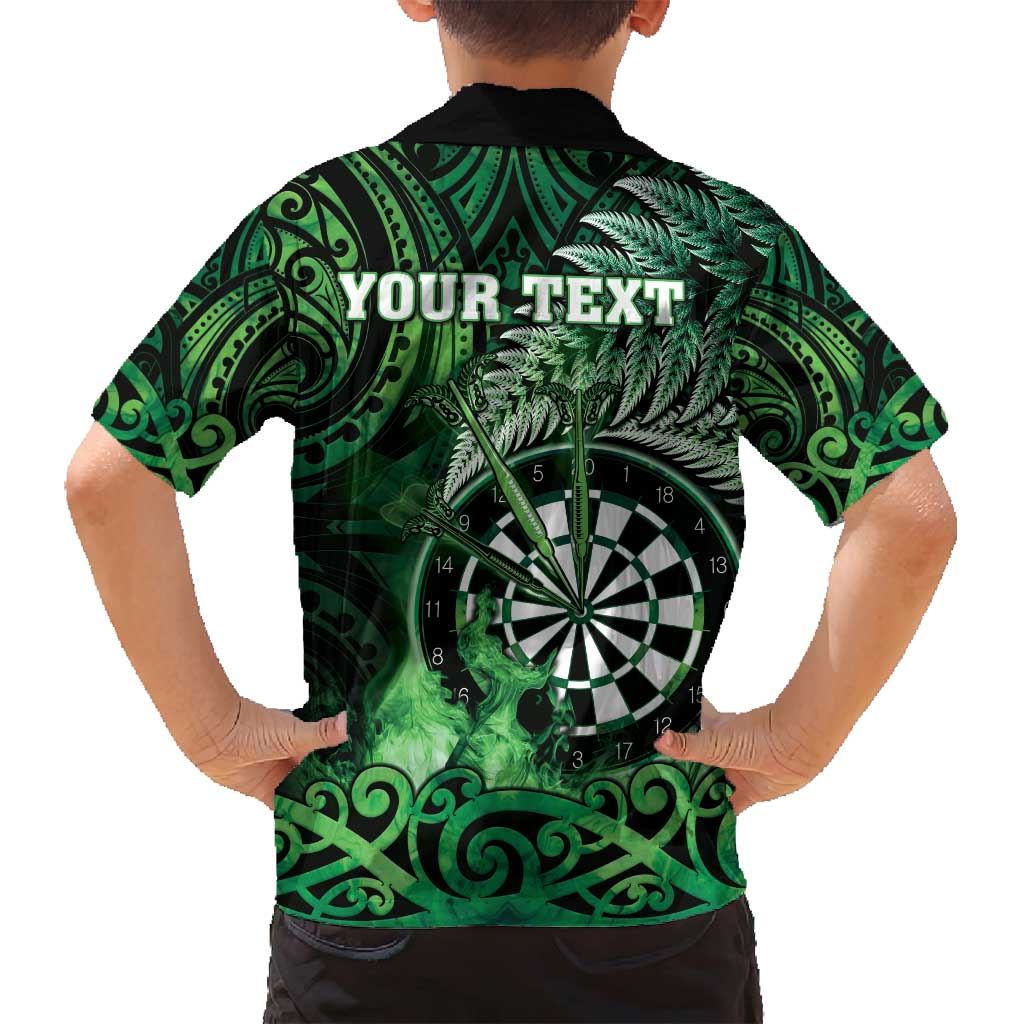 Personalised New Zealand Darts Family Matching Off Shoulder Short Dress and Hawaiian Shirt Maori Koru Dartboard Green Flame