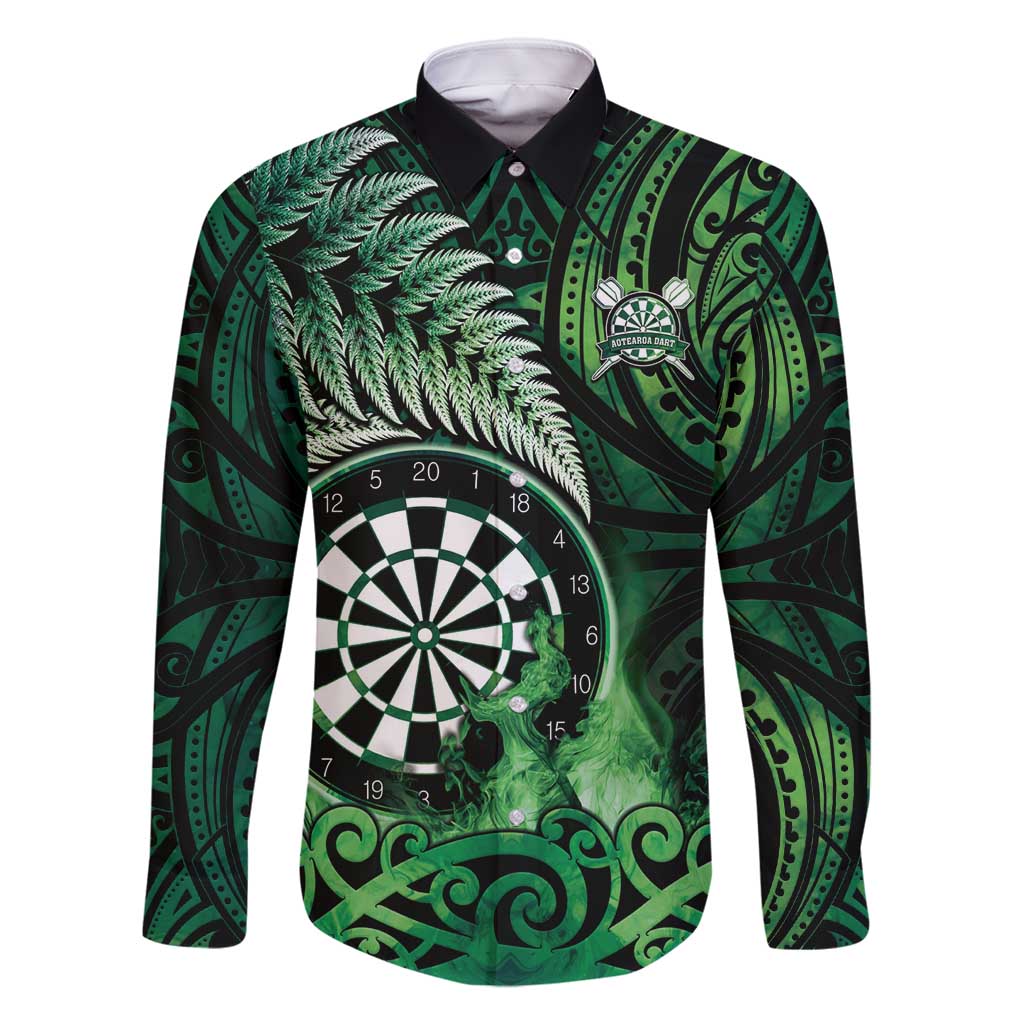 Personalised New Zealand Darts Family Matching Off Shoulder Short Dress and Hawaiian Shirt Maori Koru Dartboard Green Flame