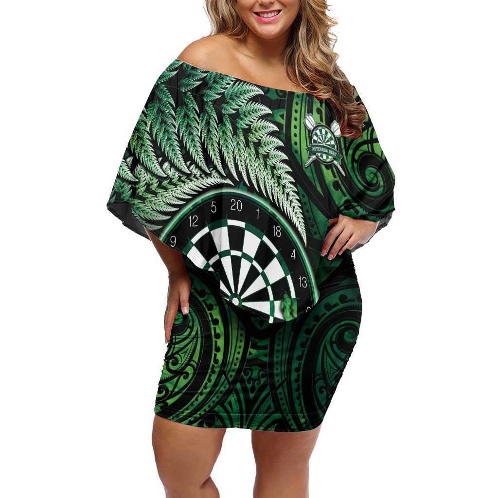Personalised New Zealand Darts Family Matching Off Shoulder Short Dress and Hawaiian Shirt Maori Koru Dartboard Green Flame