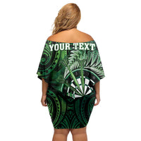 Personalised New Zealand Darts Family Matching Off Shoulder Short Dress and Hawaiian Shirt Maori Koru Dartboard Green Flame