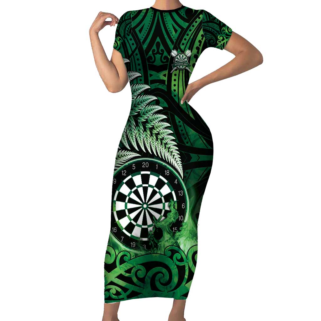Personalised New Zealand Darts Family Matching Short Sleeve Bodycon Dress and Hawaiian Shirt Maori Koru Dartboard Green Flame