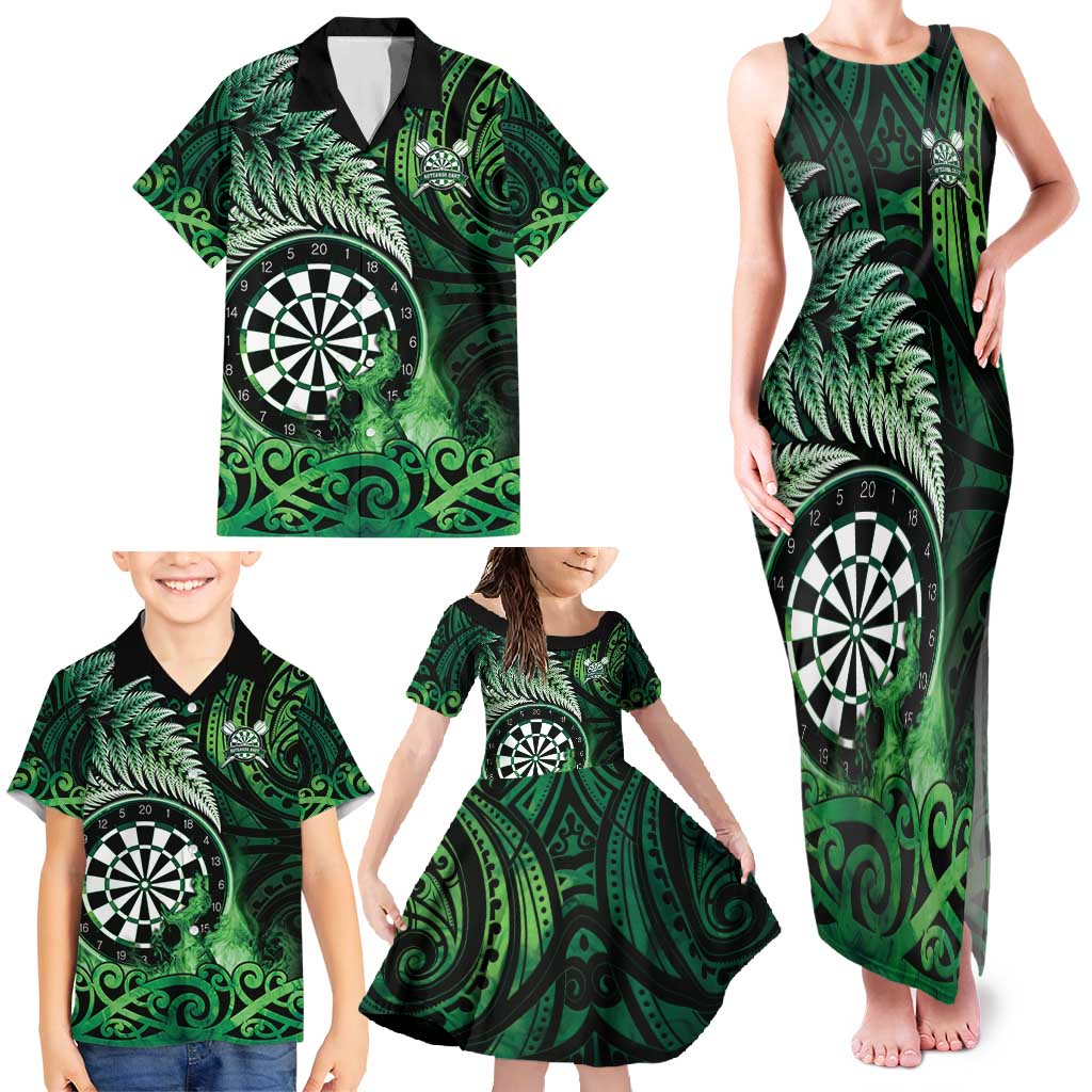 Personalised New Zealand Darts Family Matching Tank Maxi Dress and Hawaiian Shirt Maori Koru Dartboard Green Flame