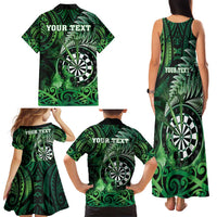 Personalised New Zealand Darts Family Matching Tank Maxi Dress and Hawaiian Shirt Maori Koru Dartboard Green Flame