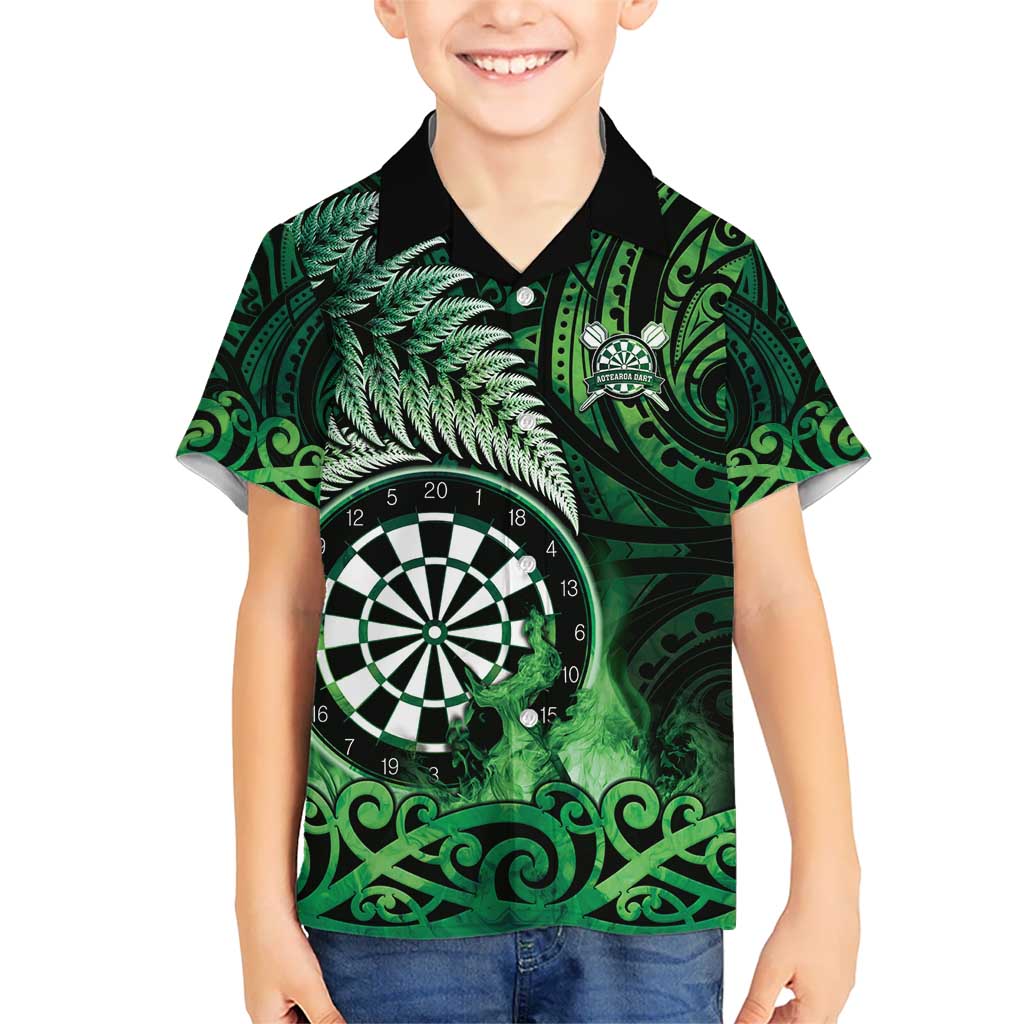 Personalised New Zealand Darts Hawaiian Shirt Maori Koru Dartboard Green Flame