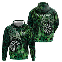 Personalised New Zealand Darts Hoodie Maori Koru Dartboard Green Flame