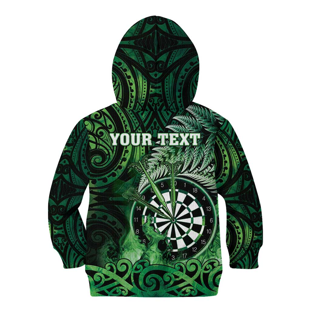 Personalised New Zealand Darts Kid Hoodie Maori Koru Dartboard Green Flame