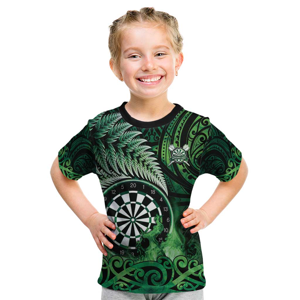 Personalised New Zealand Darts Kid T Shirt Maori Koru Dartboard Green Flame