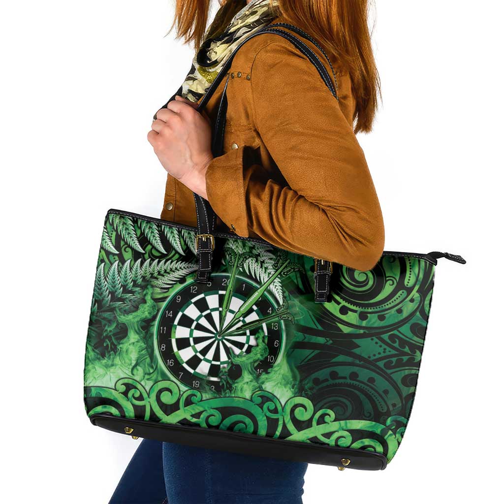 New Zealand Darts Leather Tote Bag Maori Koru Dartboard Green Flame LT05 Green - Polynesian Pride