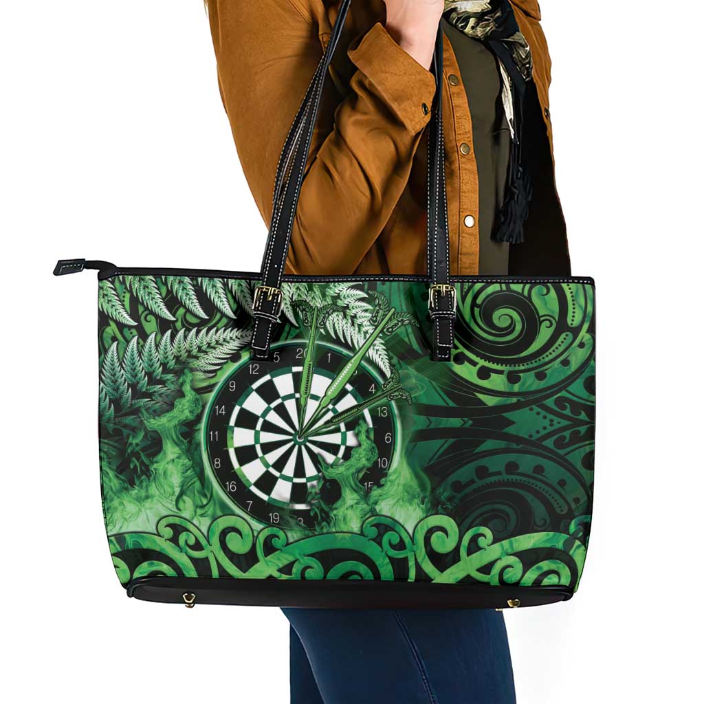 New Zealand Darts Leather Tote Bag Maori Koru Dartboard Green Flame LT05 - Polynesian Pride