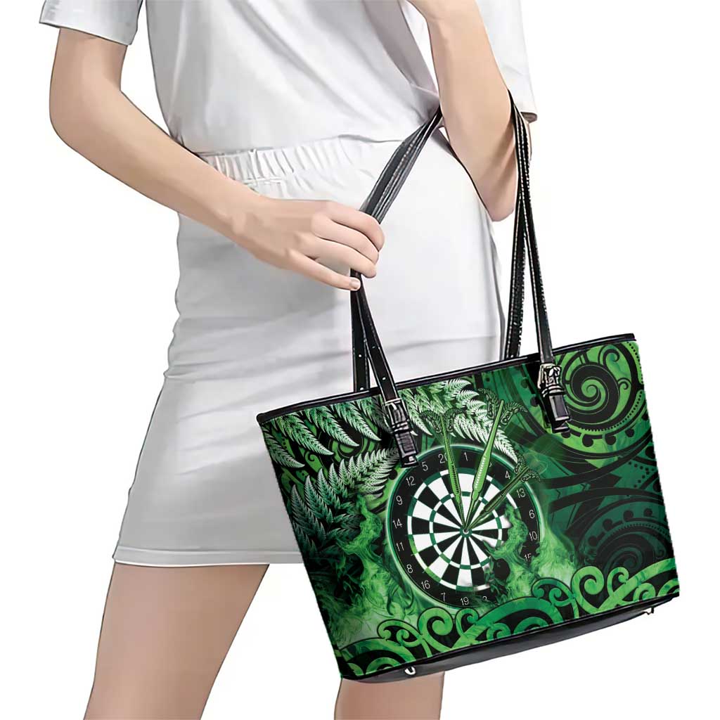 New Zealand Darts Leather Tote Bag Maori Koru Dartboard Green Flame LT05 - Polynesian Pride