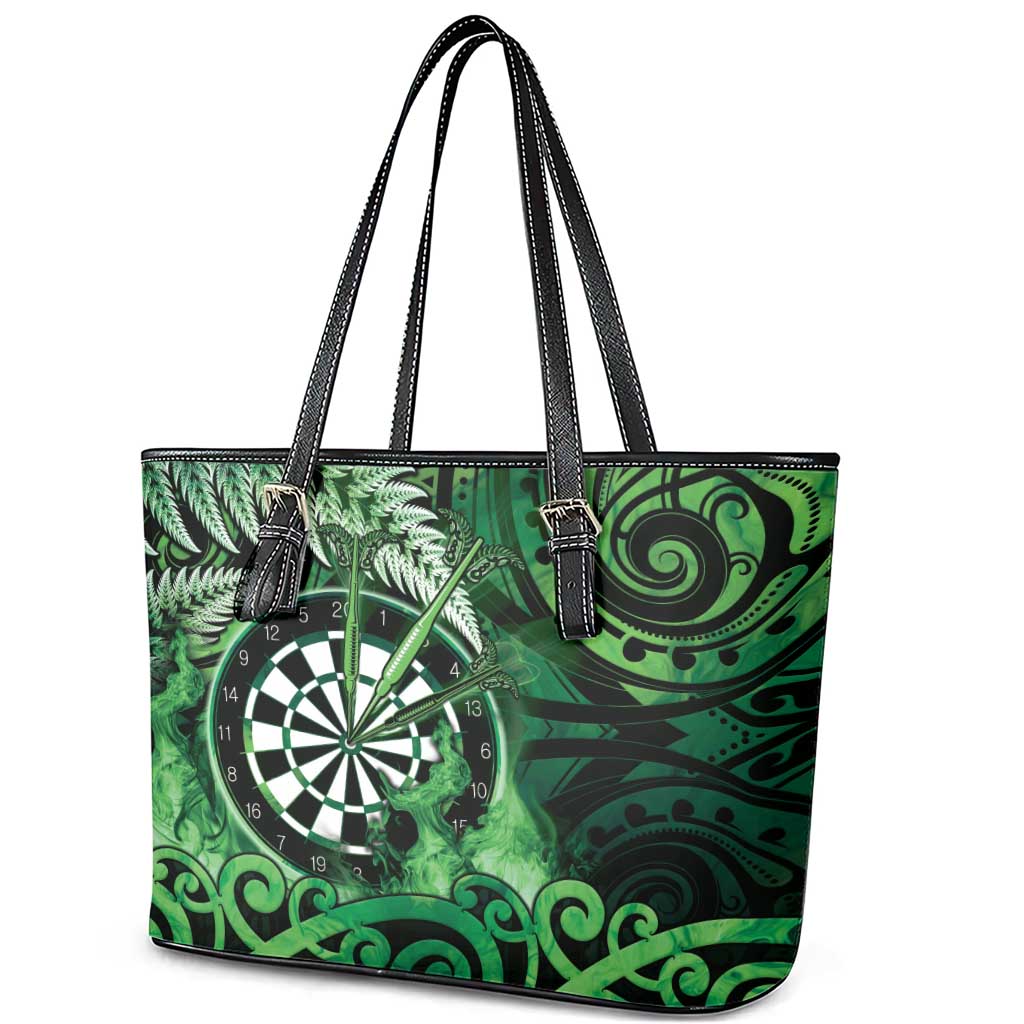 New Zealand Darts Leather Tote Bag Maori Koru Dartboard Green Flame LT05 - Polynesian Pride
