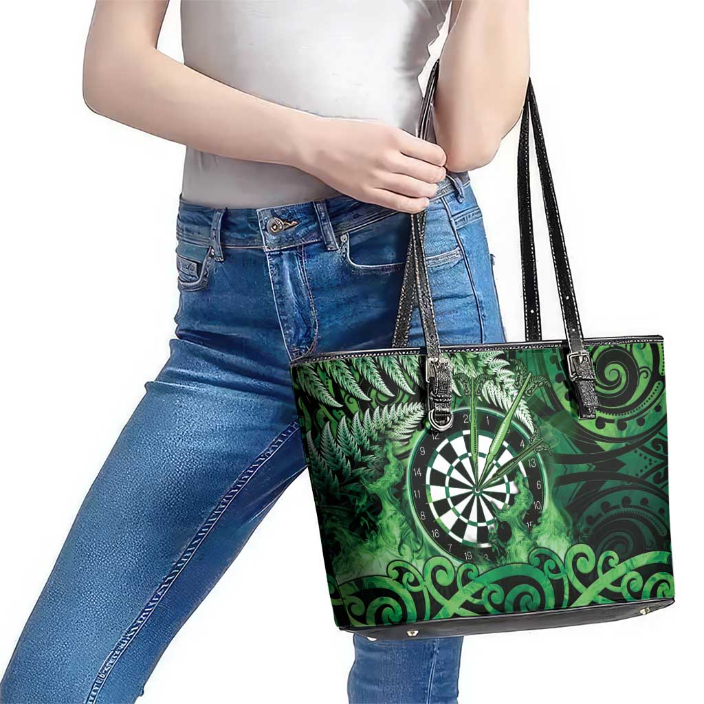 New Zealand Darts Leather Tote Bag Maori Koru Dartboard Green Flame LT05 - Polynesian Pride