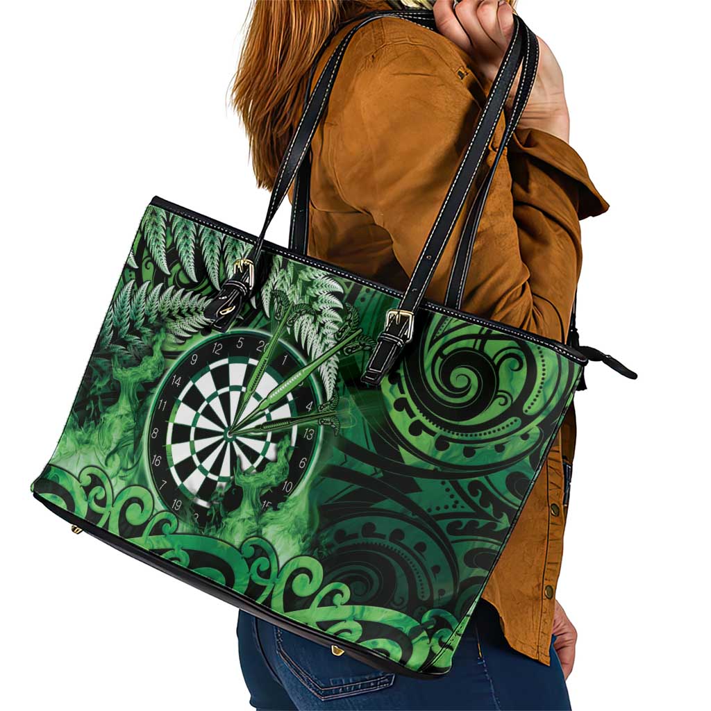 New Zealand Darts Leather Tote Bag Maori Koru Dartboard Green Flame LT05 - Polynesian Pride