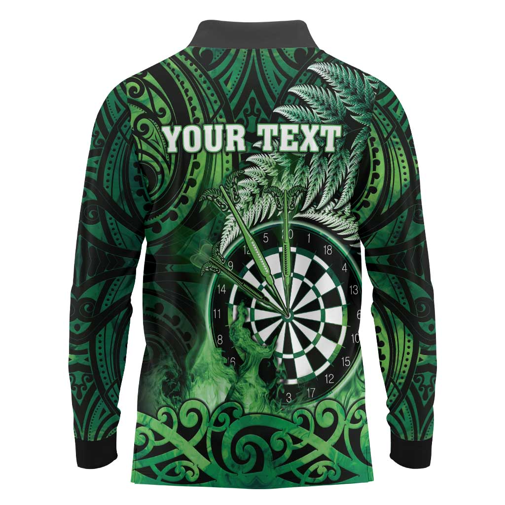 Personalised New Zealand Darts Long Sleeve Polo Shirt Maori Koru Dartboard Green Flame