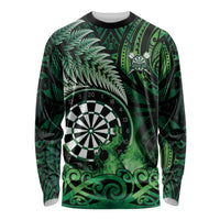 Personalised New Zealand Darts Long Sleeve Shirt Maori Koru Dartboard Green Flame
