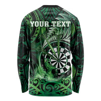 Personalised New Zealand Darts Long Sleeve Shirt Maori Koru Dartboard Green Flame