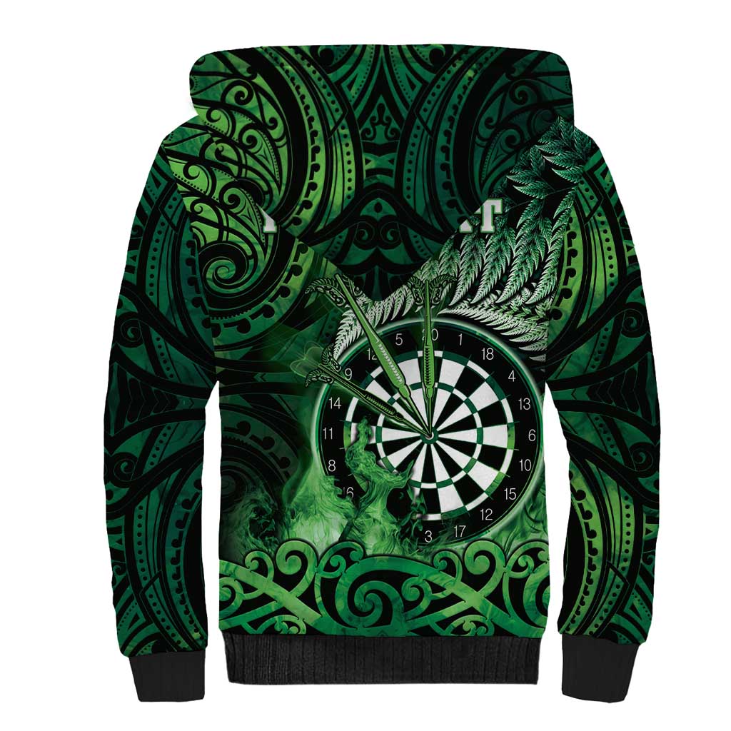 Personalised New Zealand Darts Sherpa Hoodie Maori Koru Dartboard Green Flame