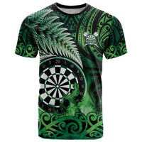 Personalised New Zealand Darts T Shirt Maori Koru Dartboard Green Flame