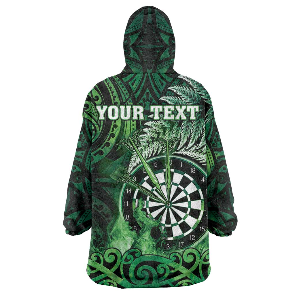 Personalised New Zealand Darts Wearable Blanket Hoodie Maori Koru Dartboard Green Flame