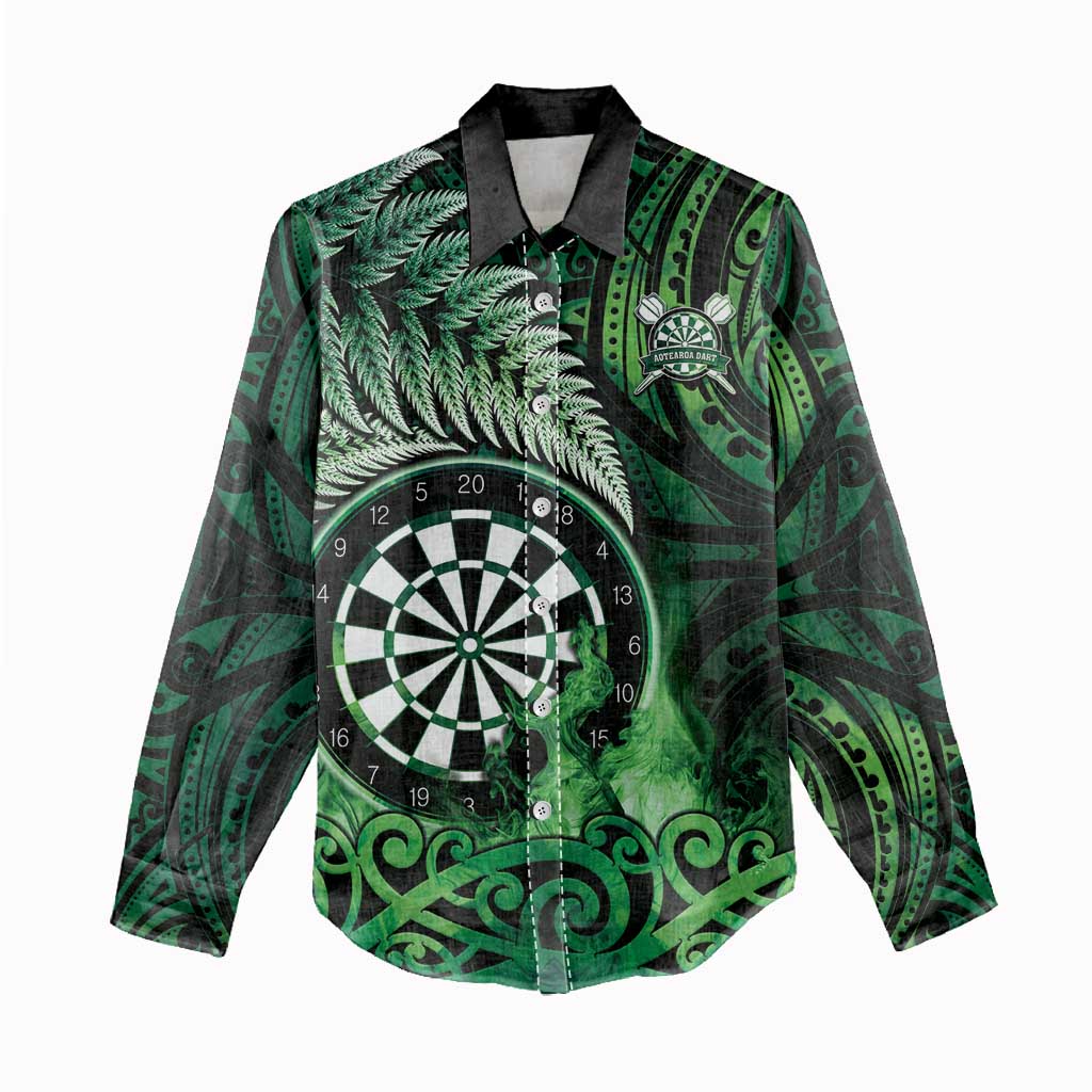 Personalised New Zealand Darts Women Casual Shirt Maori Koru Dartboard Green Flame