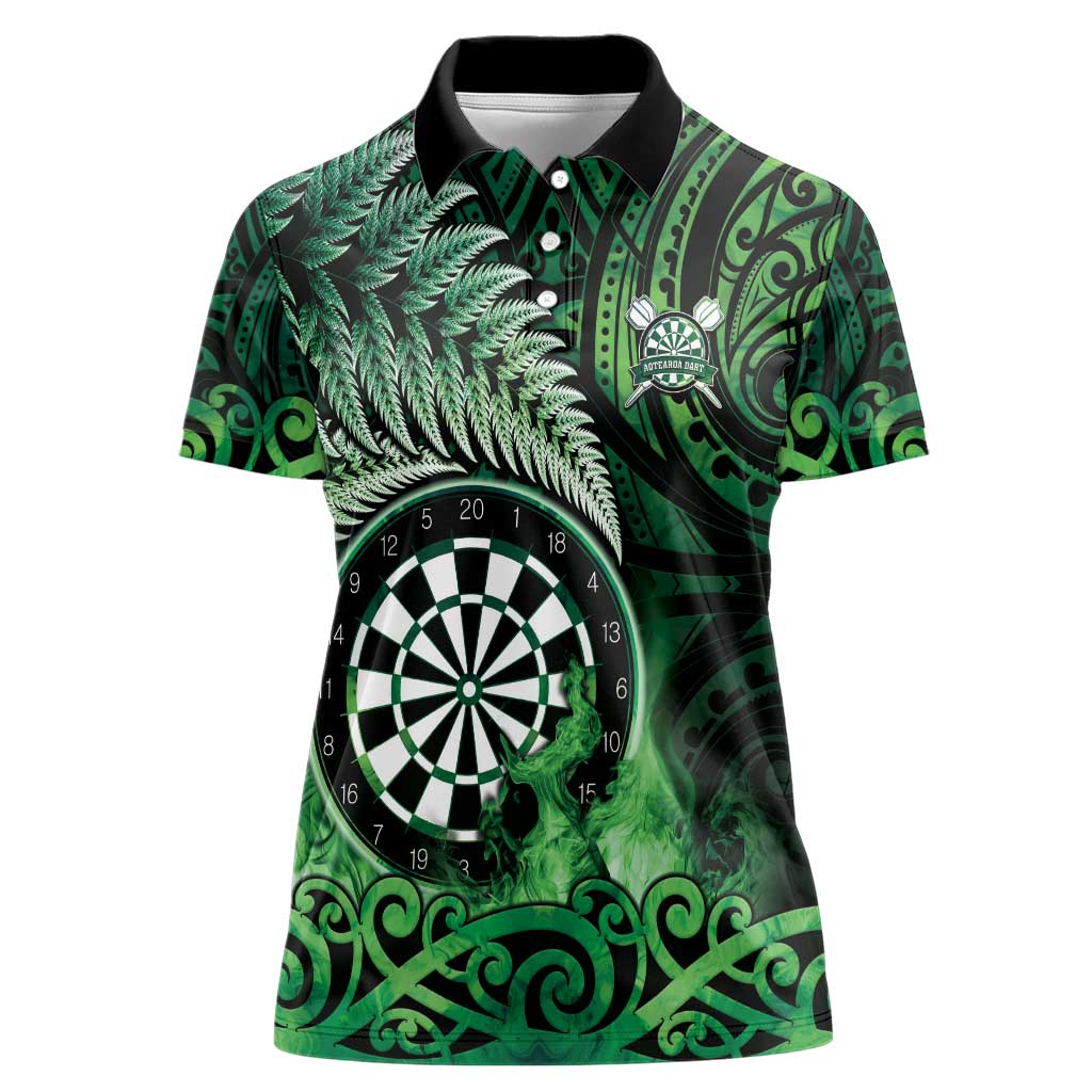 Personalised New Zealand Darts Women Polo Shirt Maori Koru Dartboard Green Flame